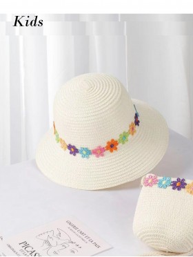 Kid's Woven Sun Hat W/ Flowers